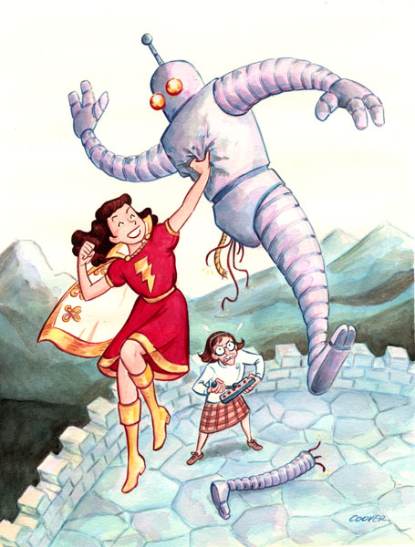 Awesome illustration of Mary Marvel fighting a killer robot