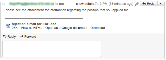 rejection e-mail for ESP