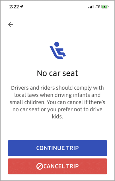 Canceling an Uber trip because the rider does not have a child safety seat - Bent Corner