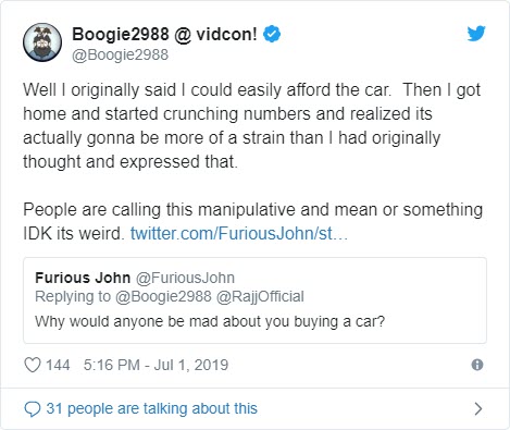 Remember when Boogie2988 was going to 'legit' buy a $100k Tesla?