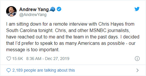 Andrew Yang bends the knee to MSNBC - Bent Corner