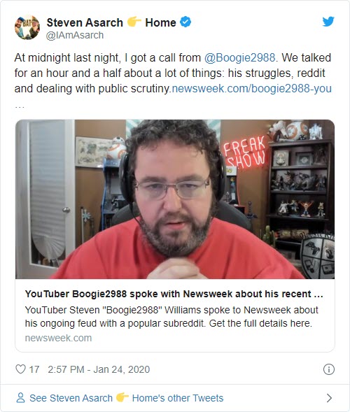 Boogie2988 called Newsweek reporter about r/SamandTolki subreddit - Bent Corner